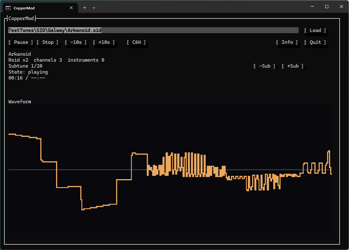 CopperMod playing the Arkanoid SID tune, showing playback controls and an orange waveform.