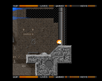 An armed character exploring a metal-walled corridor, with a bright shot and status bars at the edges.