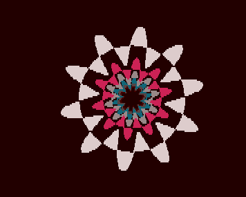 Layered pink, white and turquoise petals forming a geometric flower on a dark red background.