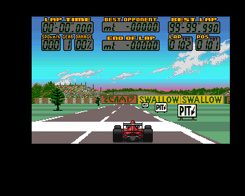 A red Formula racing car on the South African circuit, with timing panels above and pit signs beside the track.