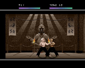 Two martial artists fighting in front of a seated statue, with health bars above the arena.