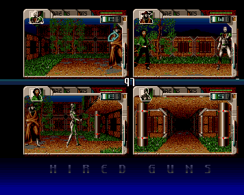 Hired Guns training area shown through four character viewpoints in a two-by-two layout.