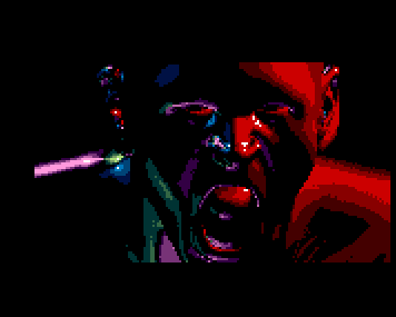 A shaded face lit in red, blue and purple against a dark background.