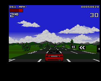 A red sports car approaching a bend beneath a blue sky, with speed and race position above.