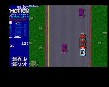 An overhead highway chase with cars, a red truck and the blue status panel at the left.