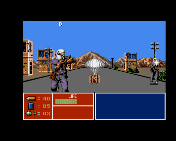 Armed enemies beside a desert road and a parachuting supply crate, with ammunition and life indicators below.