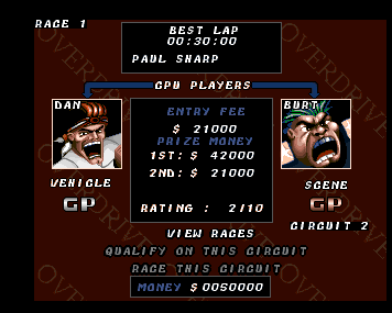 Overdrive's first-race selection screen with driver portraits, vehicle classes, prizes and circuit options.