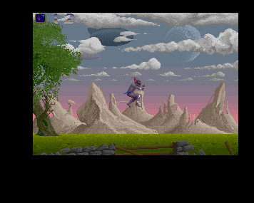The beast jumping beside a tree against layered mountains and a cloudy sky.