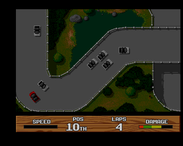 The red player car racing through Bagley Marsh traffic, with position, laps and damage shown below.